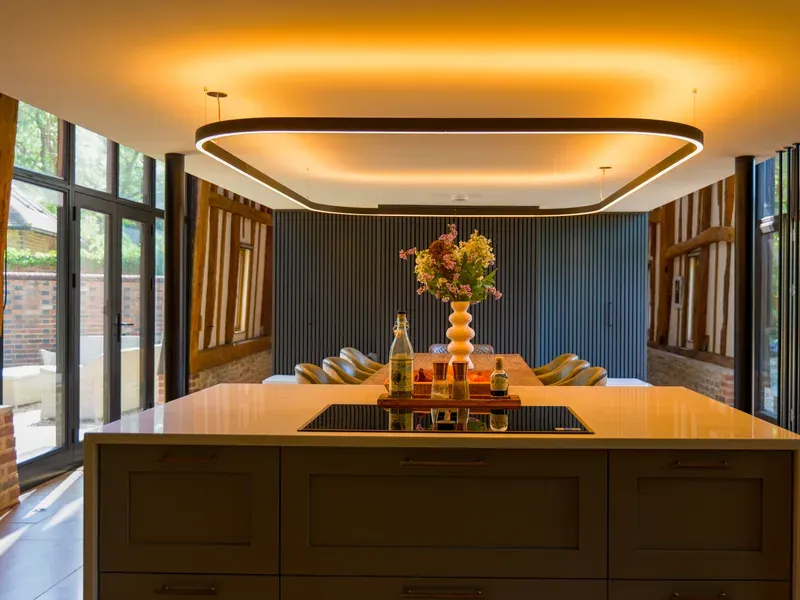 Vaulted ceiling with glulam timber beams