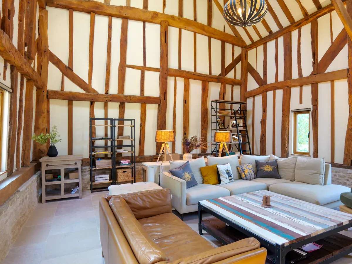 Oak-framed interior of a renovated Surrey period home